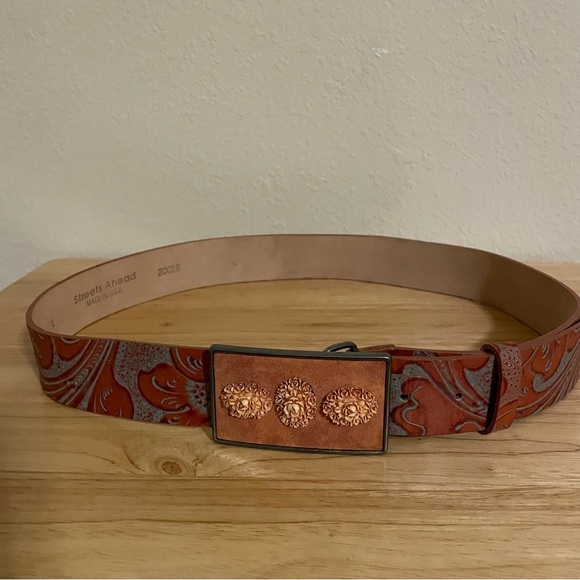 Streets Ahead Brown/Burnt Orange Leather Belt with Ornate Flower Buckle Size L main image 6
